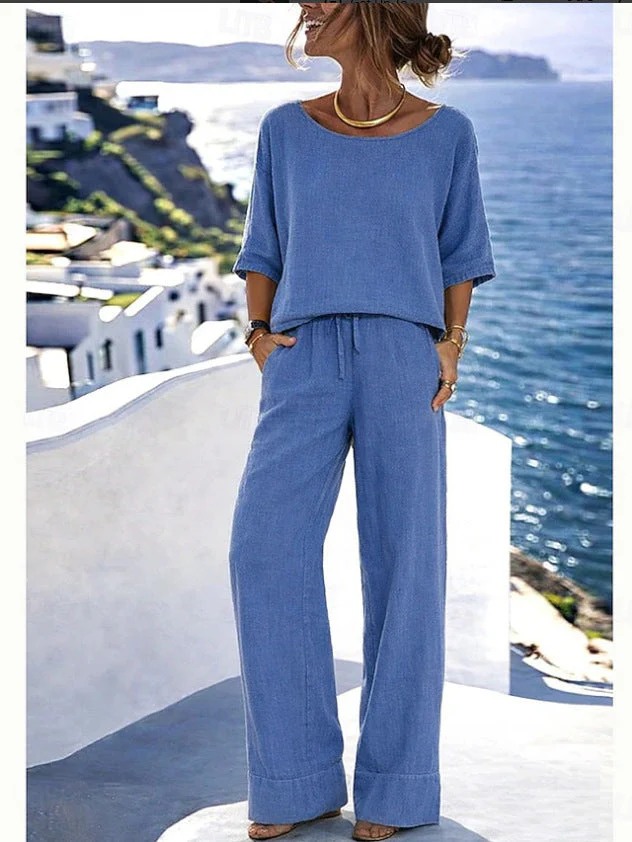 Women's Cotton Linen Resort Set – Short Sleeve Top & Wide-Leg Pants - Image 7