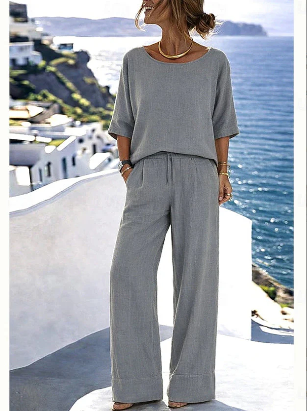 Women's Cotton Linen Resort Set – Short Sleeve Top & Wide-Leg Pants - Image 9