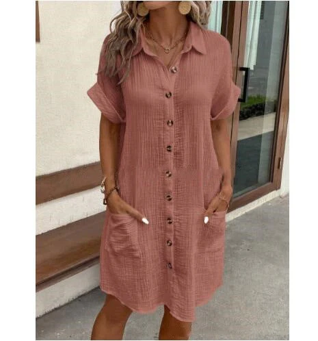 Women's Cotton Linen Shirt Dress – V-Neck Button-Front A-Line Dress - Image 10