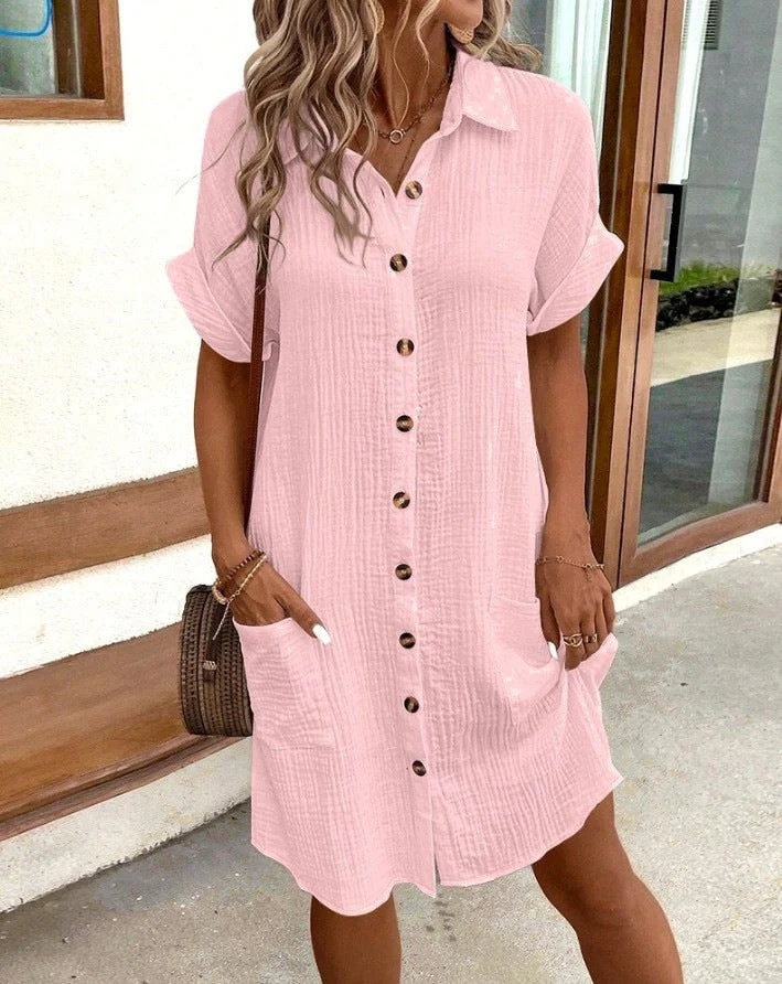 Women's Cotton Linen Shirt Dress – V-Neck Button-Front A-Line Dress - Image 3