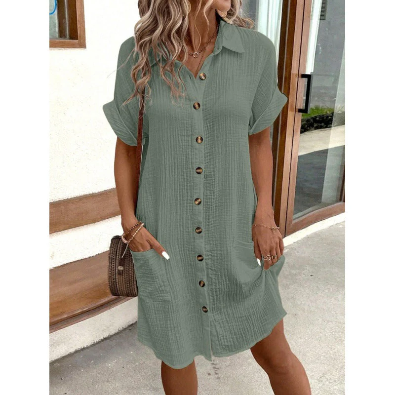 Women's Cotton Linen Shirt Dress – V-Neck Button-Front A-Line Dress - Image 4