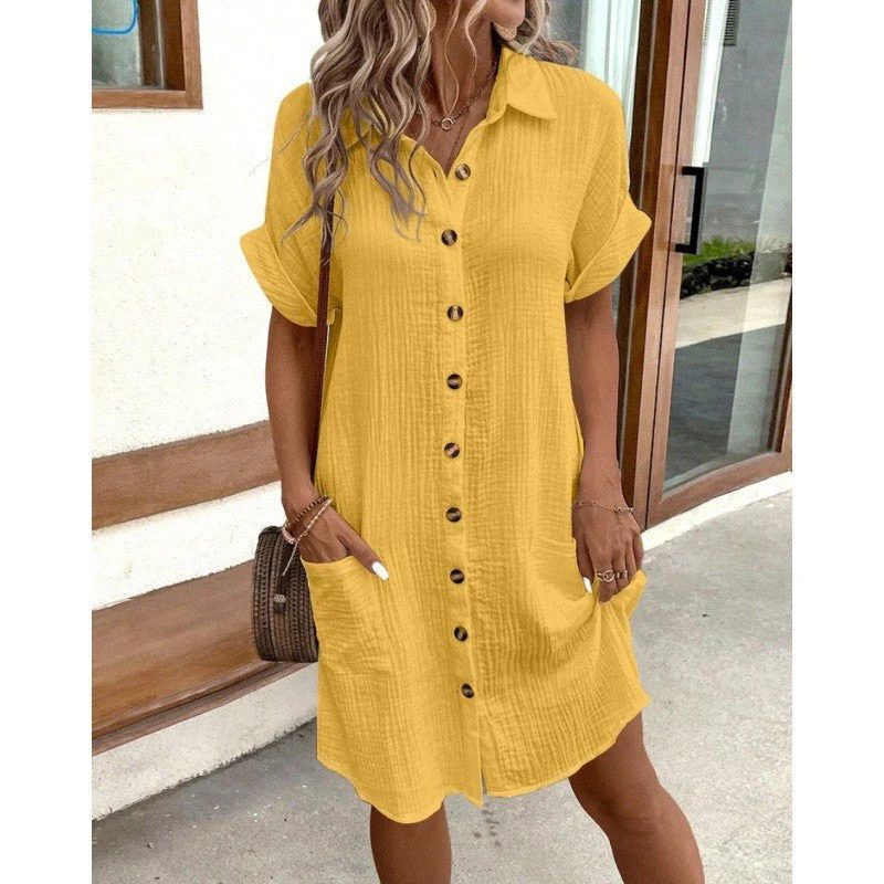 Women's Cotton Linen Shirt Dress – V-Neck Button-Front A-Line Dress - Image 9