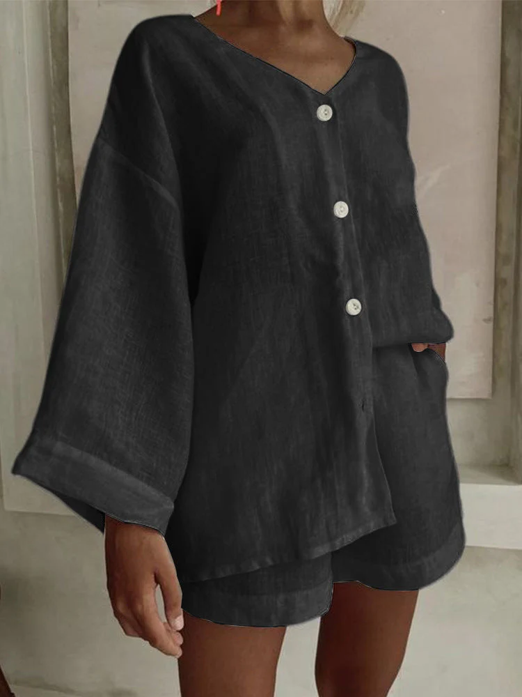 Women's Cotton Linen Shirt & Shorts Set – Long Sleeve, Button, Casual 2-Piece - Image 6