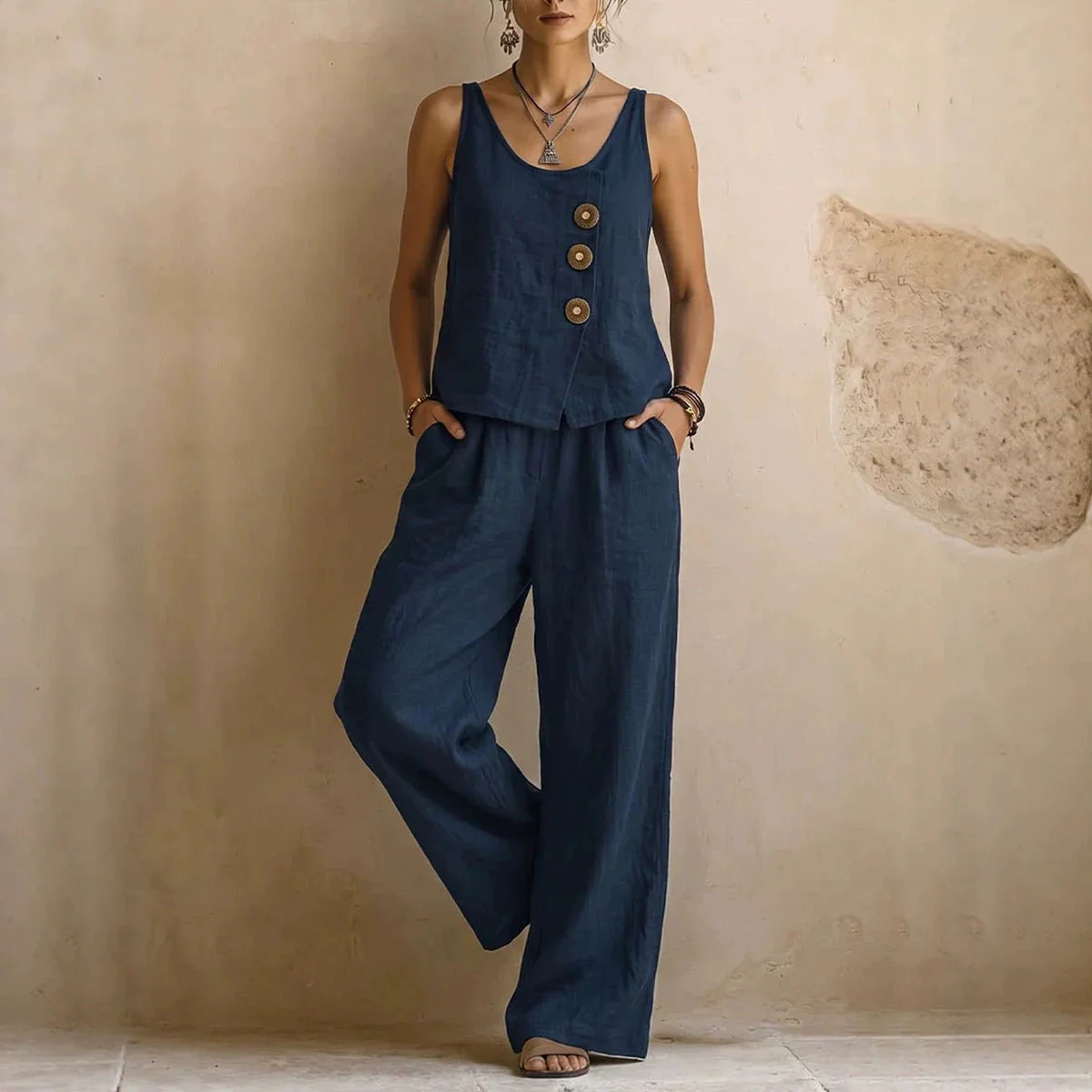 Women's Cotton Linen Sleeveless Tank Top & Pants Two-Piece Set - Image 3