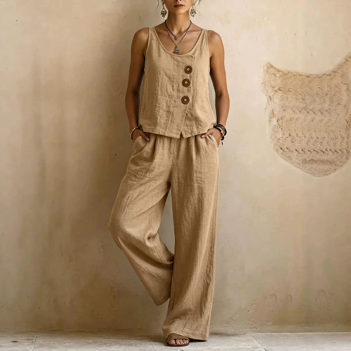 Women's Cotton Linen Sleeveless Tank Top & Pants Two-Piece Set - Image 4