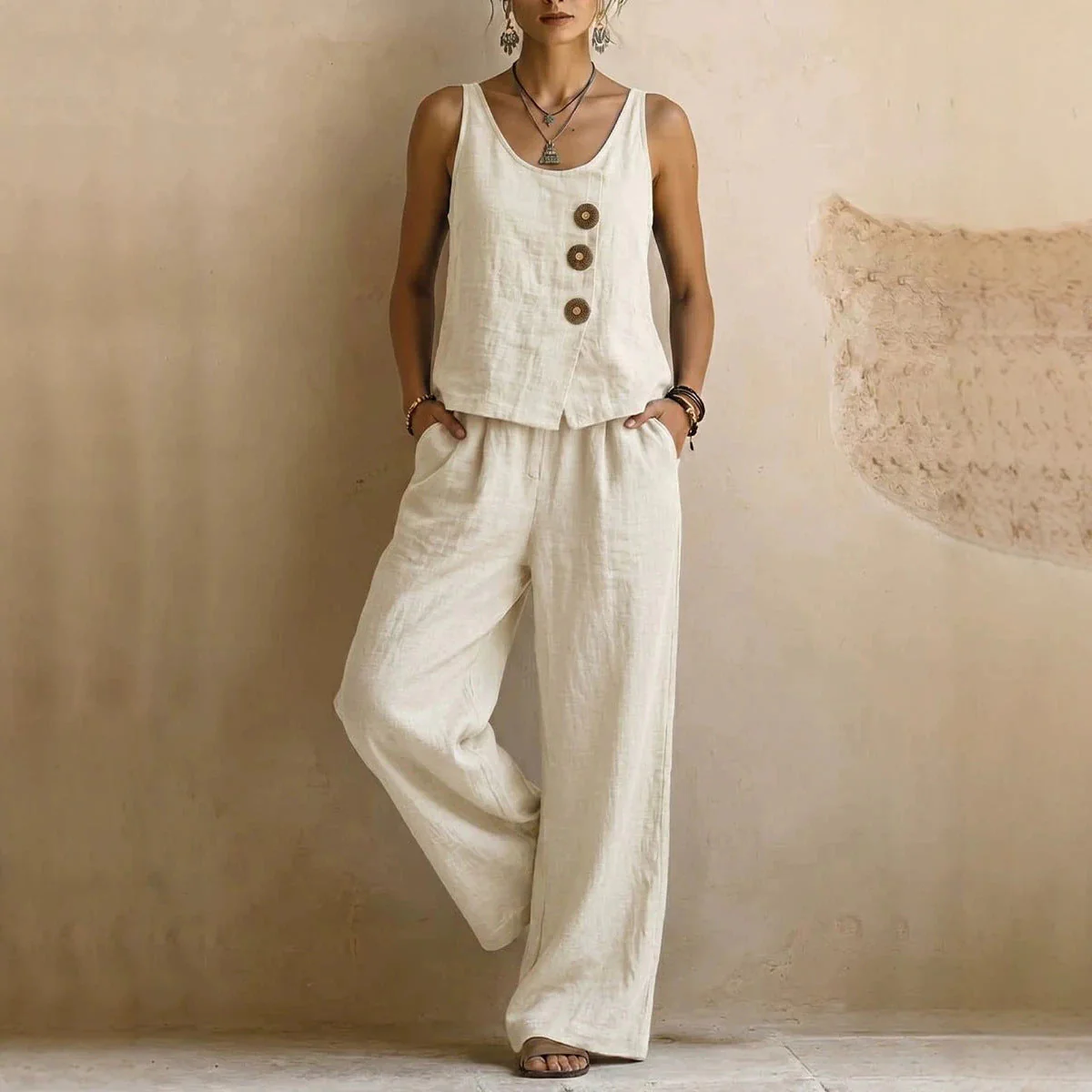 Women's Cotton Linen Sleeveless Tank Top & Pants Two-Piece Set - Image 6