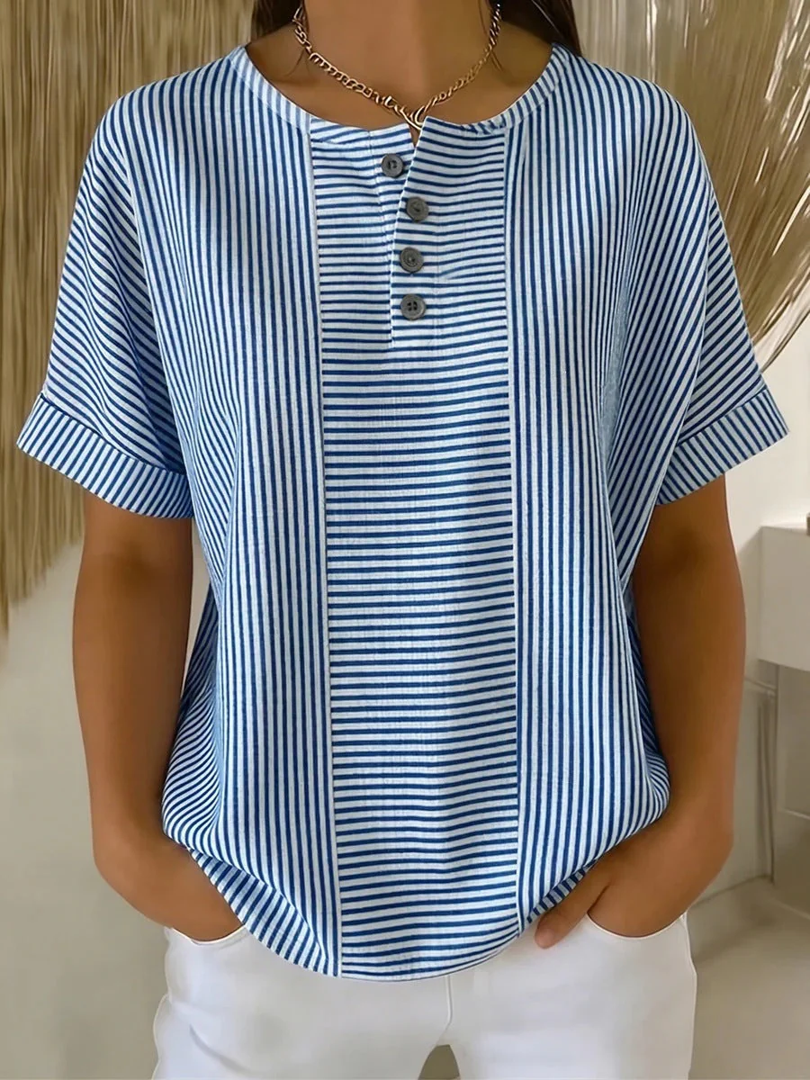 Women's Cotton Linen Striped T-Shirt – V-Neck, Button Detail, Loose Fit - Image 5