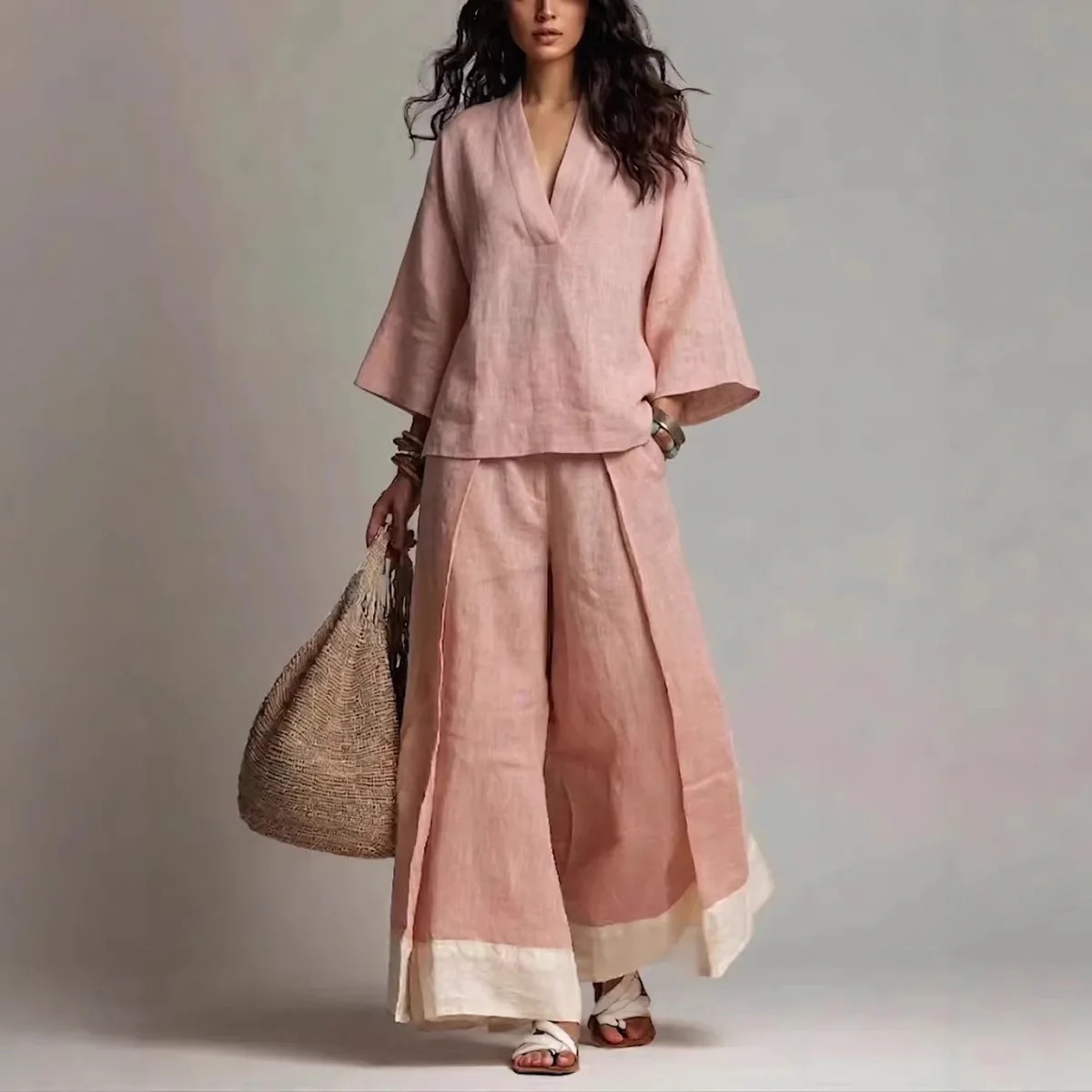 Women's Cotton-Linen V-Neck 3/4 Sleeve Shirt & Wide-Leg Pants Set