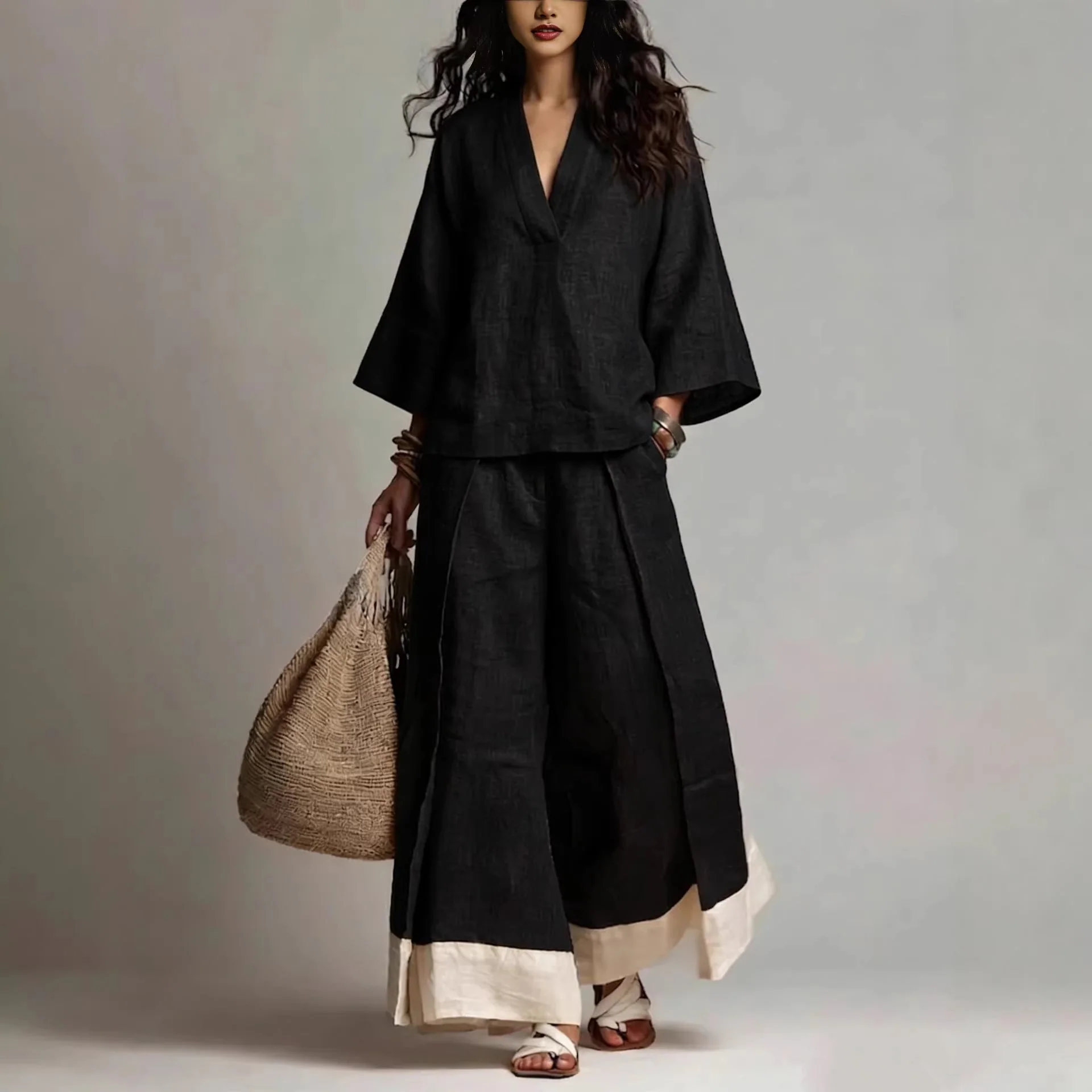 Women's Cotton-Linen V-Neck 3/4 Sleeve Shirt & Wide-Leg Pants Set - Image 10
