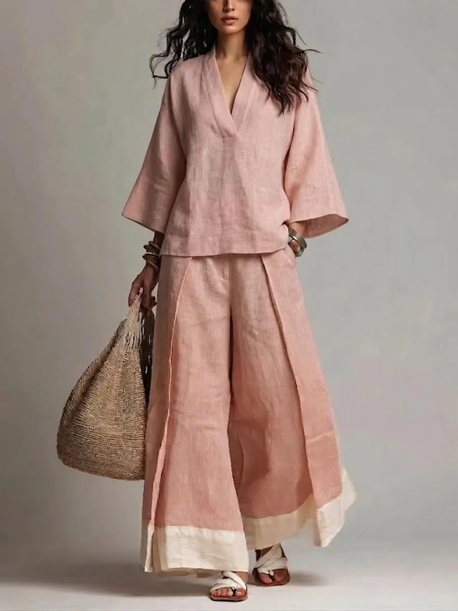 Women's Cotton-Linen V-Neck 3/4 Sleeve Shirt & Wide-Leg Pants Set - Image 3