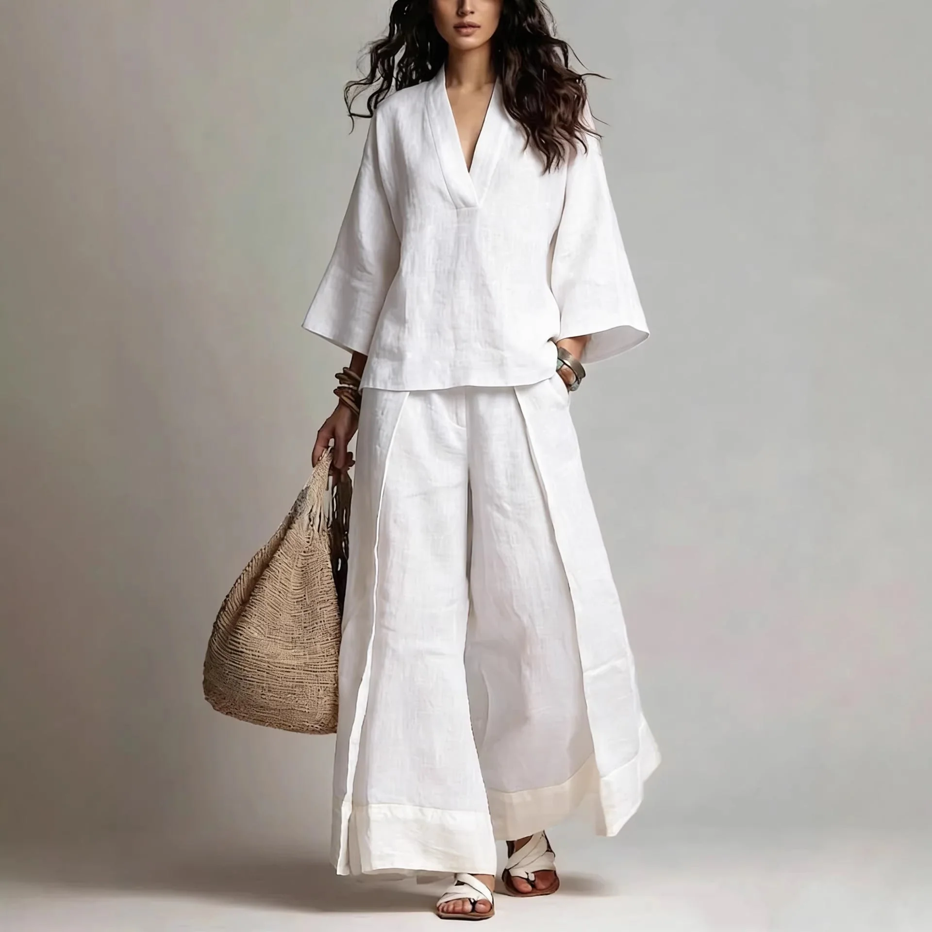 Women's Cotton-Linen V-Neck 3/4 Sleeve Shirt & Wide-Leg Pants Set - Image 5