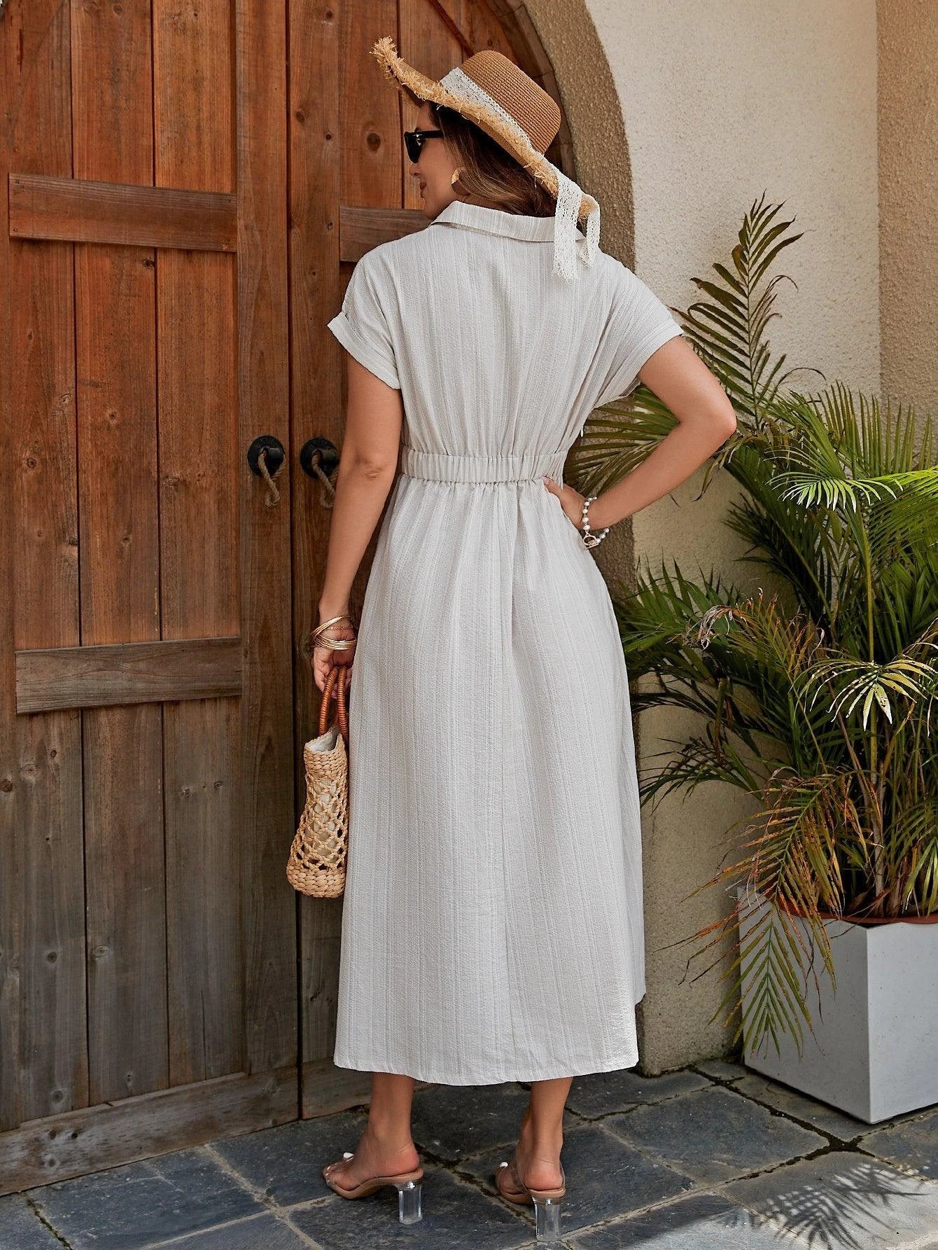 Women's Cotton Shirt Dress - Breathable X-Line Midi Dress With Knotted Waist Detail For A Flattering Fit - Image 4