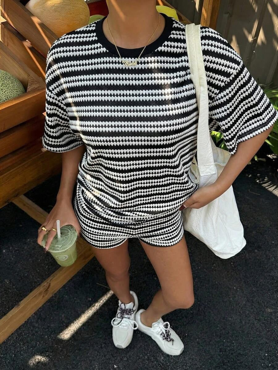 Women's Crew-Neck Spliced Short-Sleeve T-Shirt & Shorts Set - Image 6