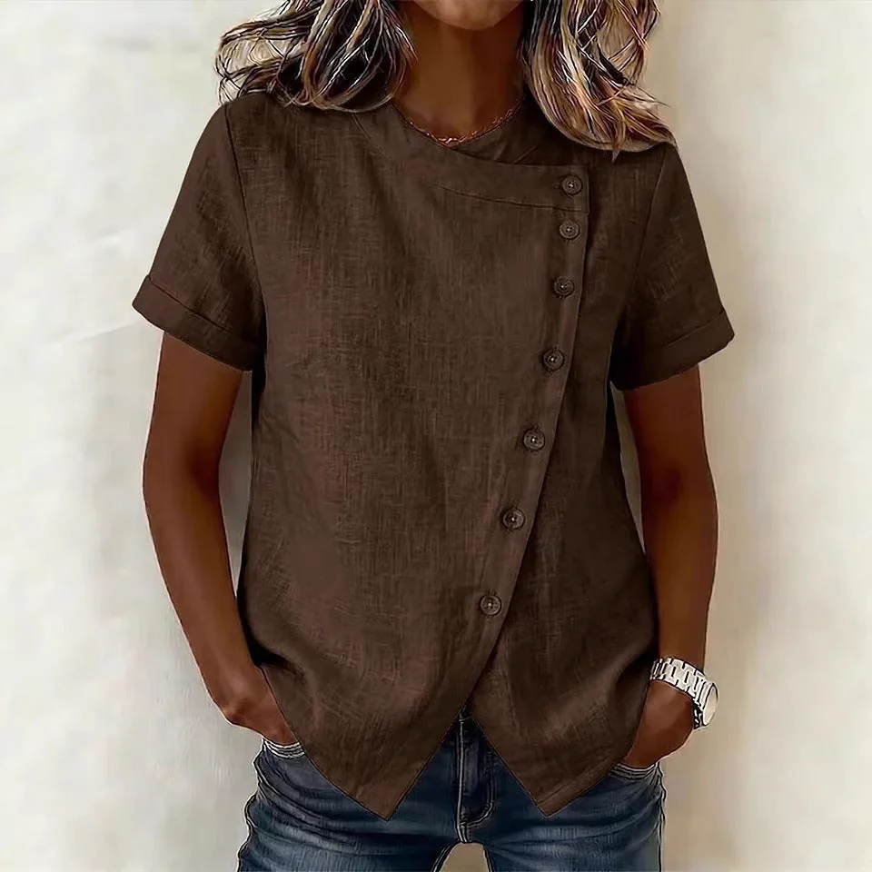 Women's Cross-Neckline Asymmetrical Hem Cotton Linen Top – Loose Fit - Image 10