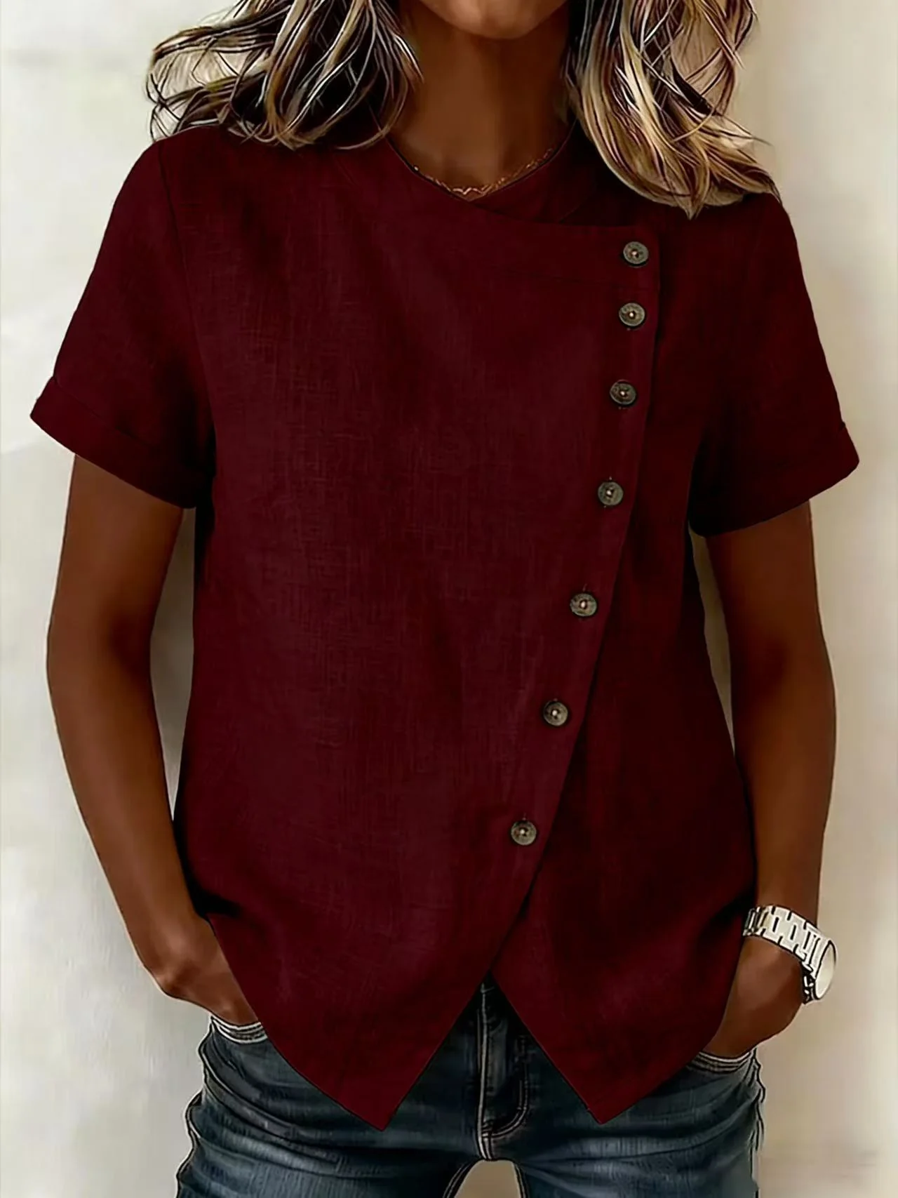 Women's Cross-Neckline Asymmetrical Hem Cotton Linen Top – Loose Fit - Image 12