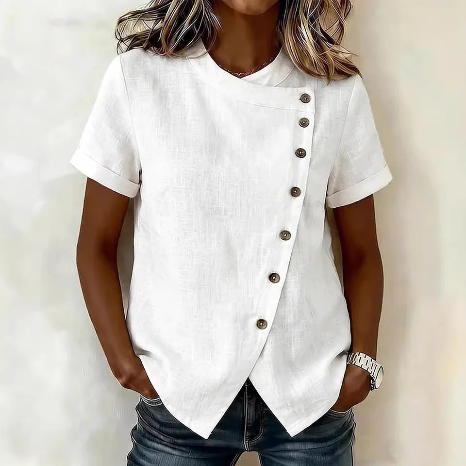 Women's Cross-Neckline Asymmetrical Hem Cotton Linen Top – Loose Fit - Image 3