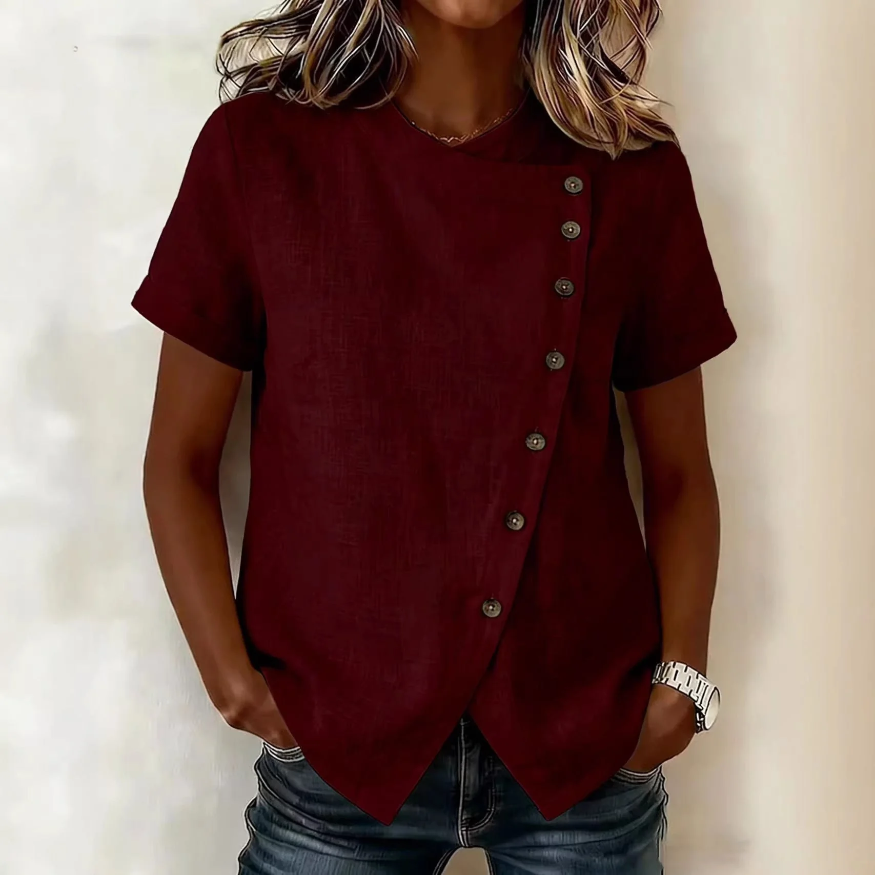 Women's Cross-Neckline Asymmetrical Hem Cotton Linen Top – Loose Fit - Image 4
