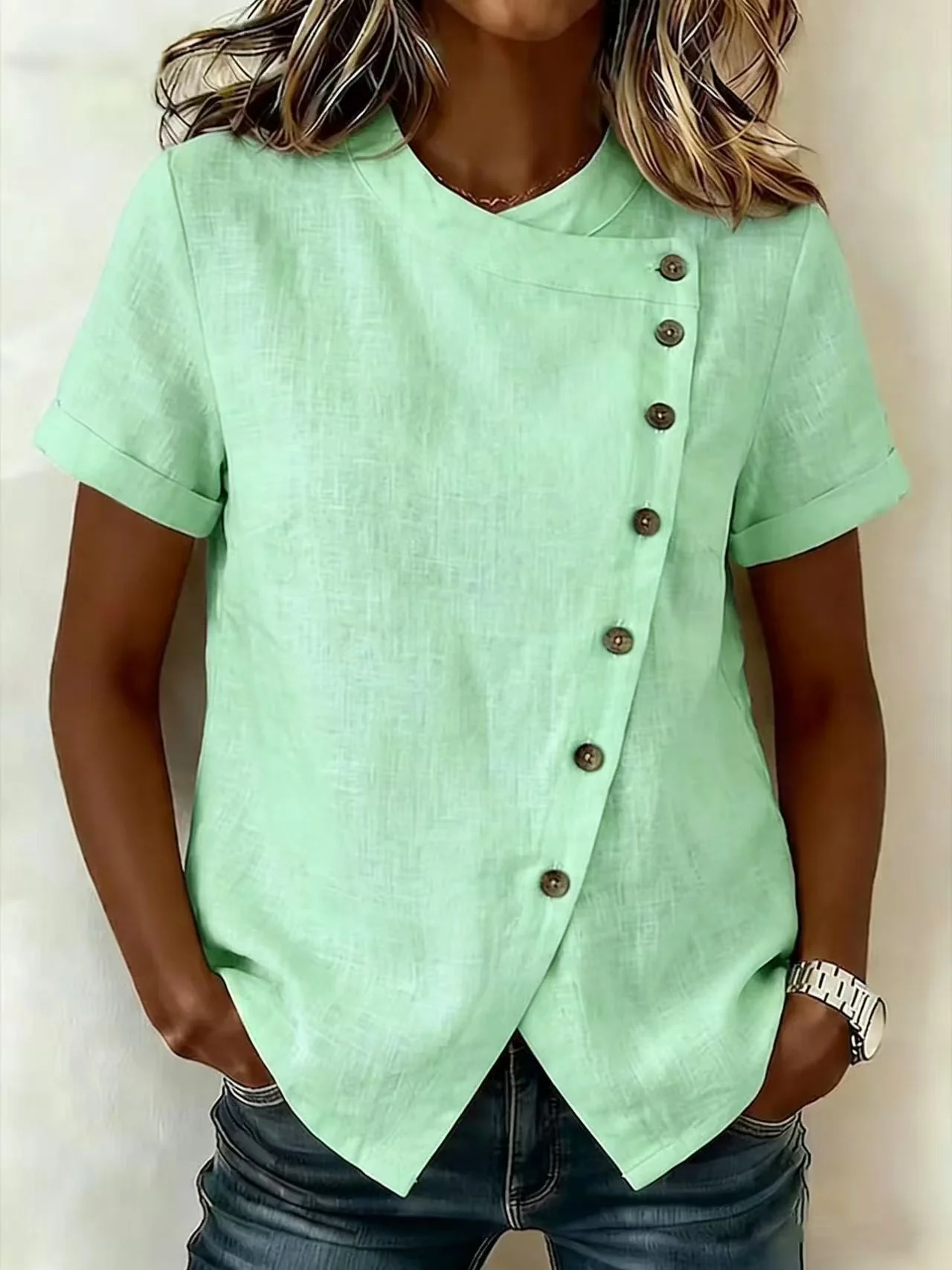 Women's Cross-Neckline Asymmetrical Hem Cotton Linen Top – Loose Fit - Image 8