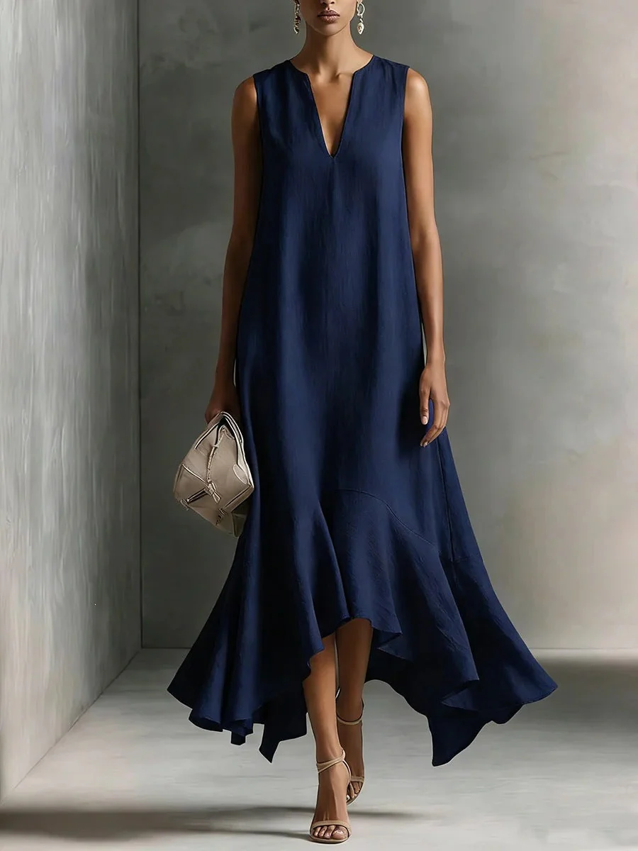 Women's Deep V-Neck Sleeveless Asymmetrical Maxi Dress – Patchwork - Image 6