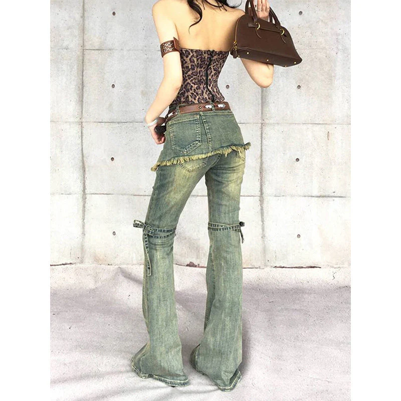 Womens Distressed Lace-up Vintage-style American Denim Jeans - Image 3