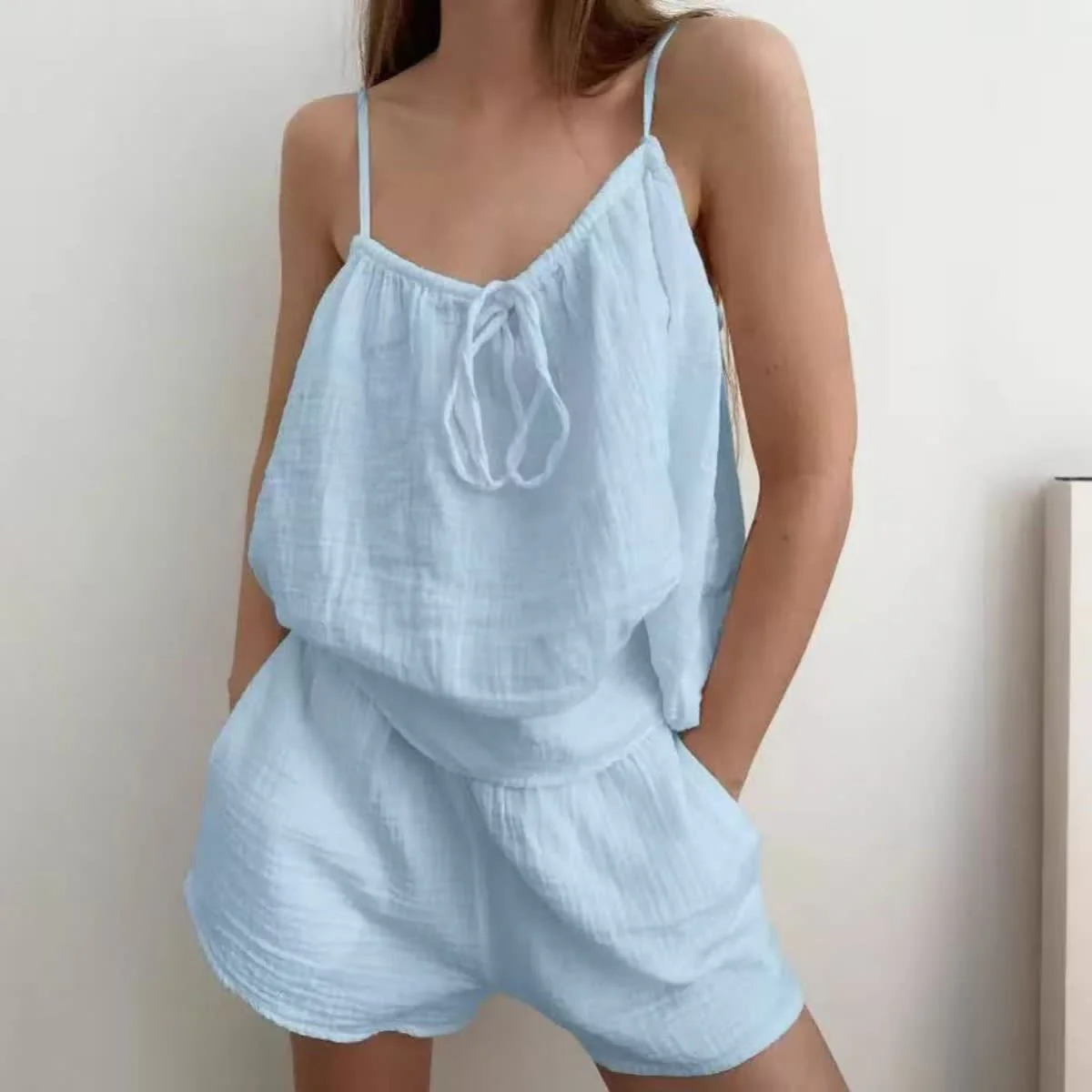 Women's Drawstring Front Gauze Sleep Set