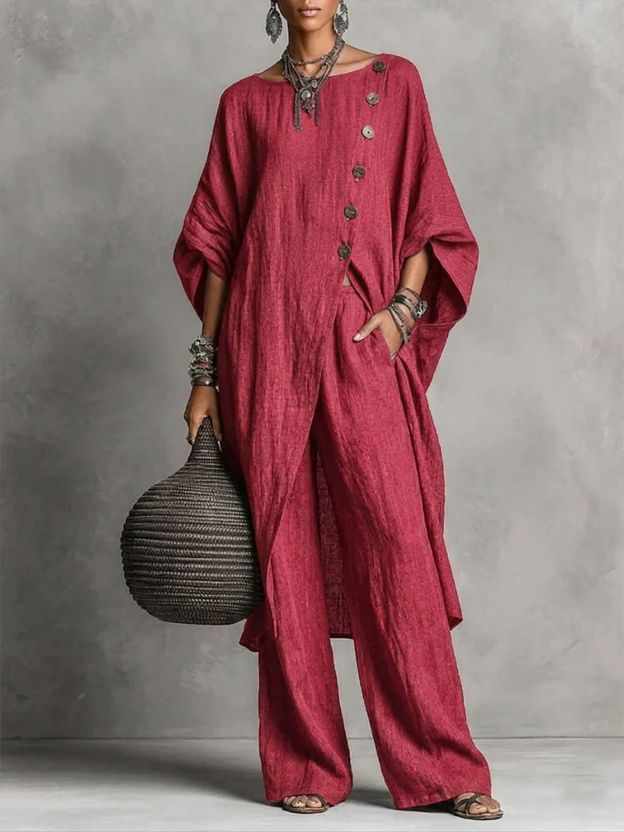 Women's Drop Shoulder Three-Quarter Sleeve Irregular Shirt & Pants Set - Image 11