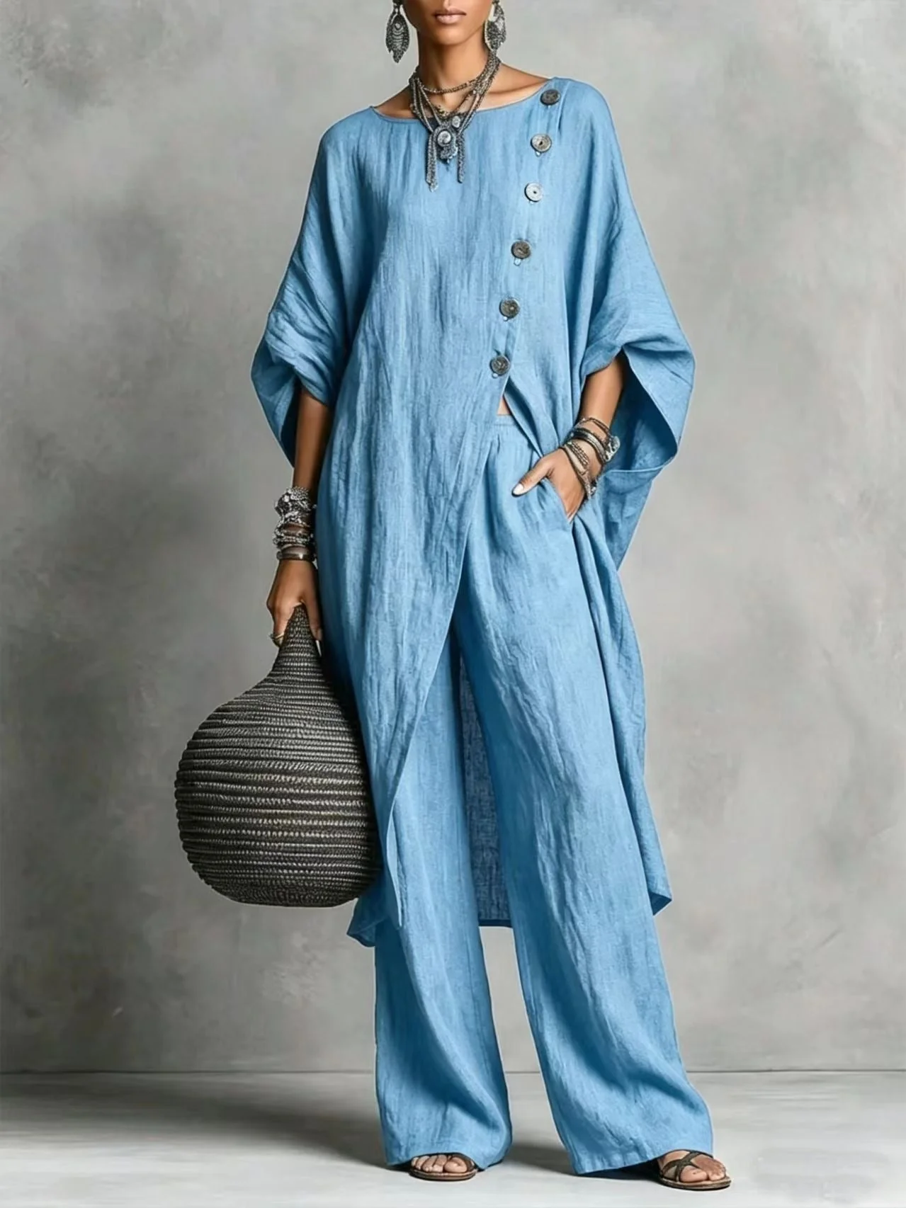 Women's Drop Shoulder Three-Quarter Sleeve Irregular Shirt & Pants Set - Image 12