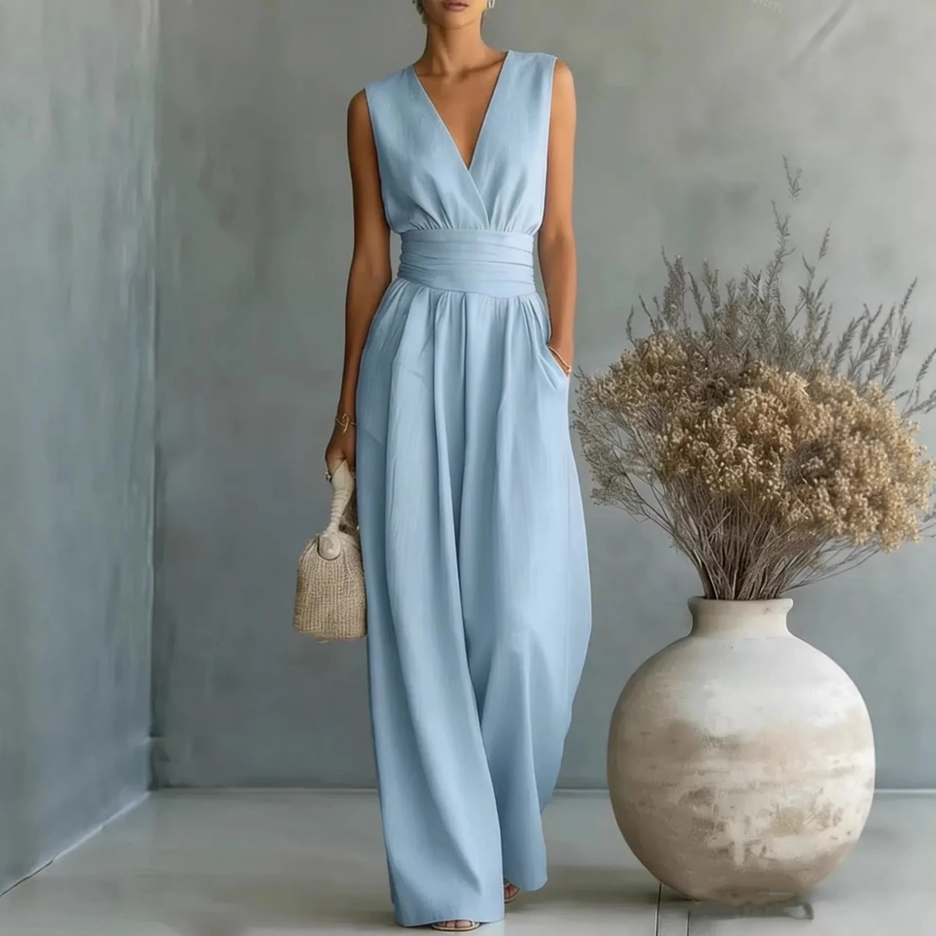 Women's Elegant V-Neck Sleeveless Jumpsuit – Waist-Cinching Straight Leg
