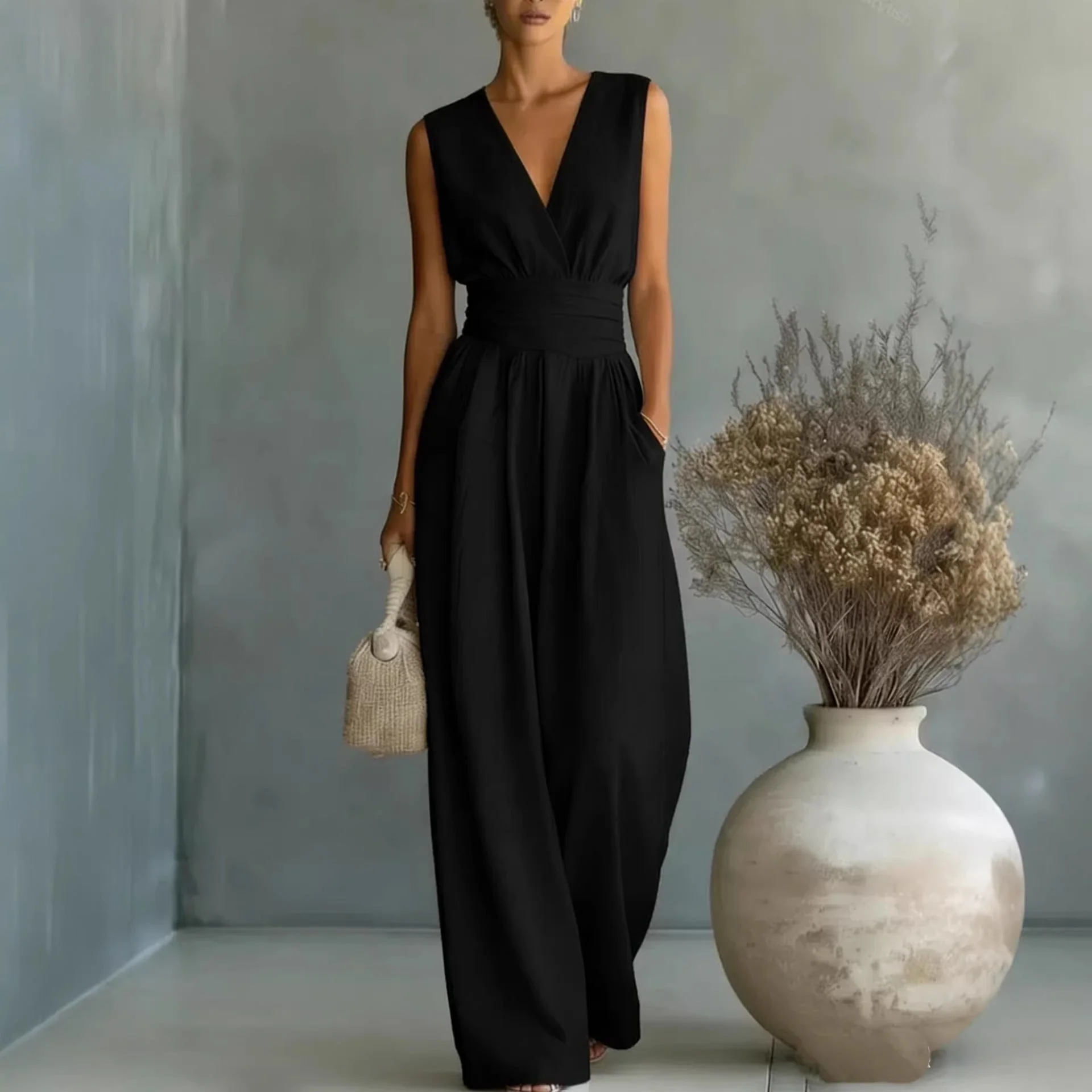 Women's Elegant V-Neck Sleeveless Jumpsuit – Waist-Cinching Straight Leg - Image 2