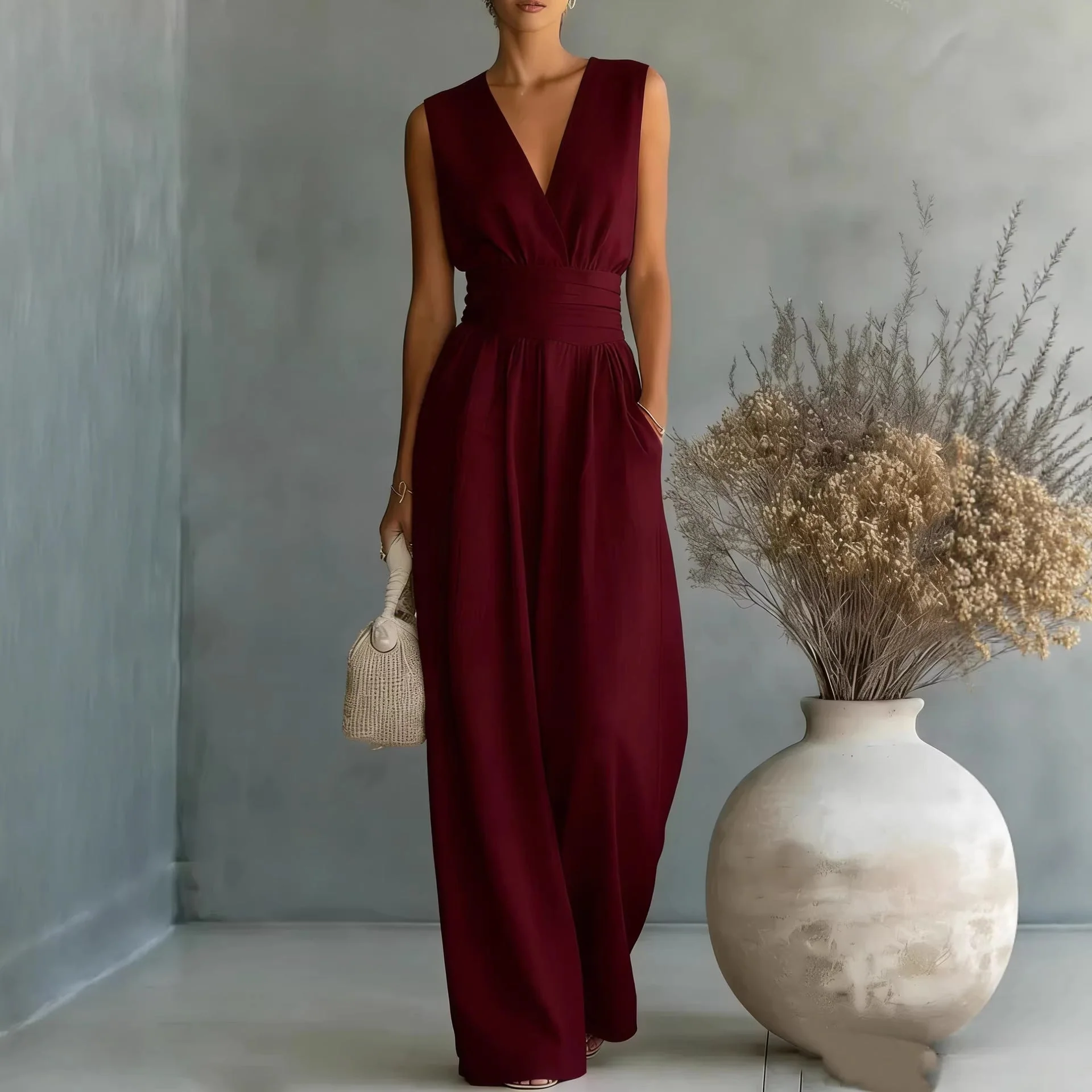 Women's Elegant V-Neck Sleeveless Jumpsuit – Waist-Cinching Straight Leg - Image 3