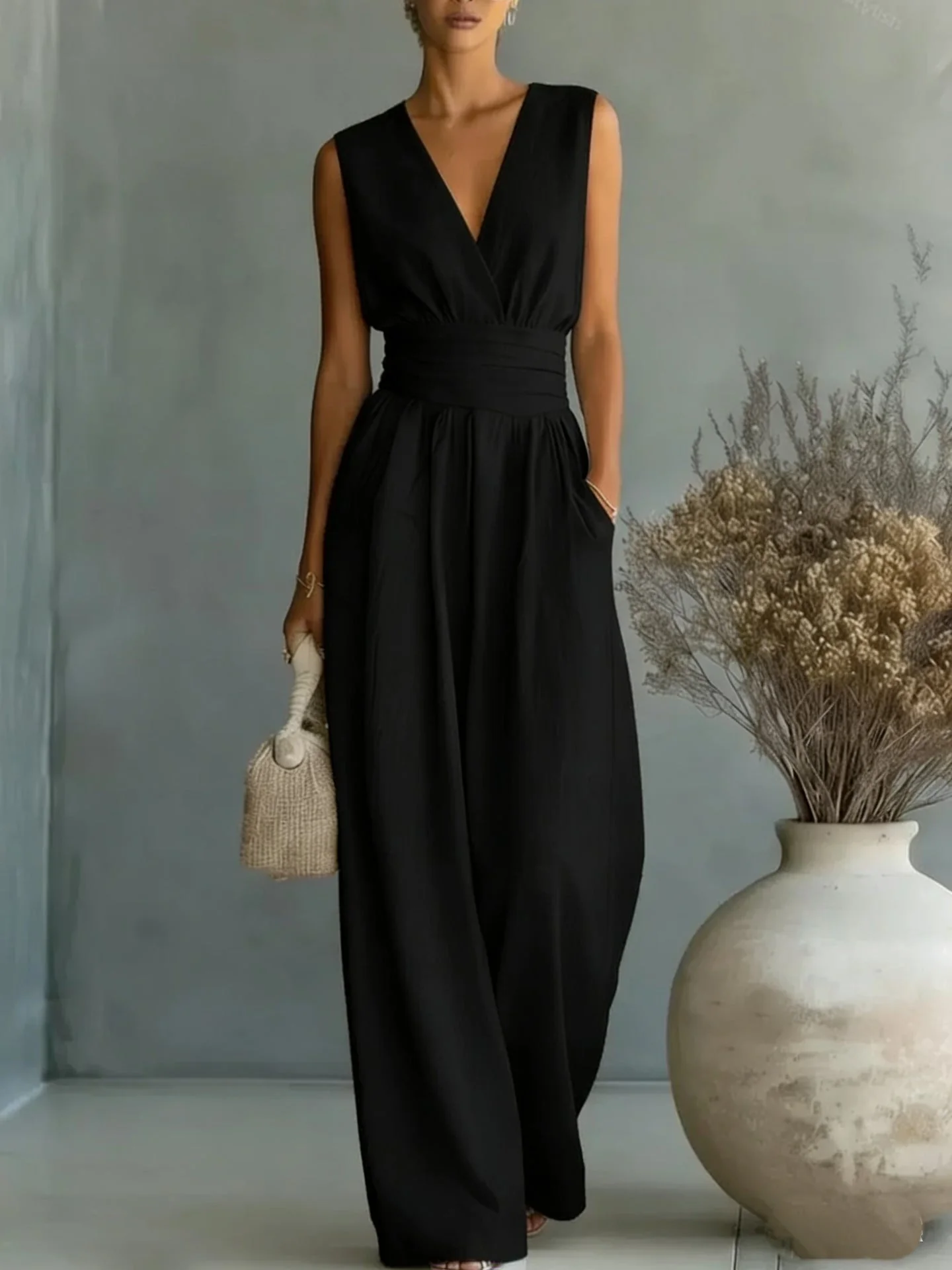 Women's Elegant V-Neck Sleeveless Jumpsuit – Waist-Cinching Straight Leg - Image 6