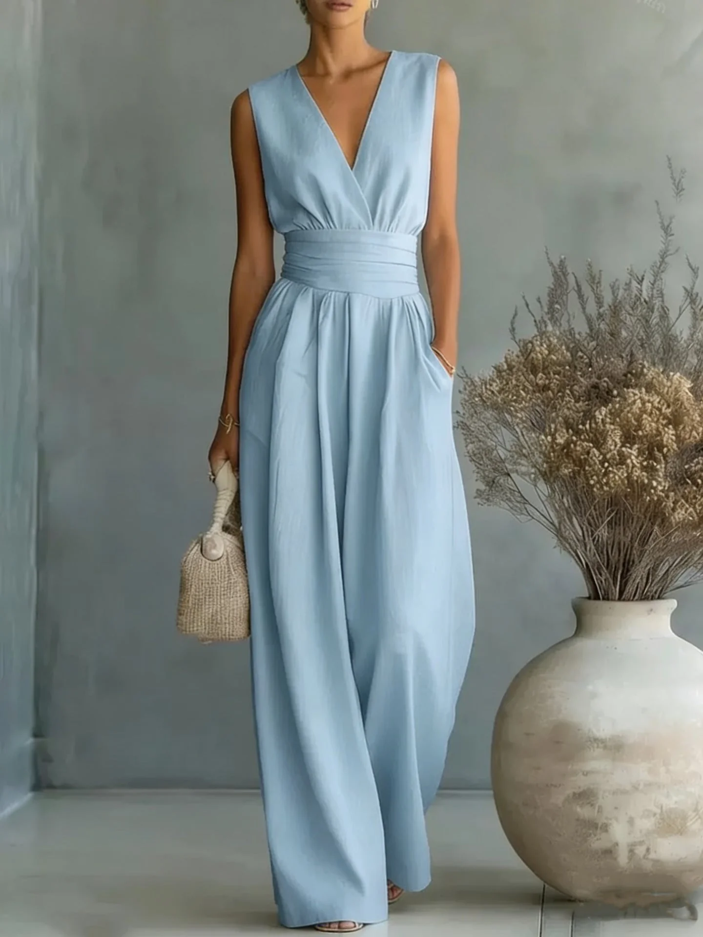 Women's Elegant V-Neck Sleeveless Jumpsuit – Waist-Cinching Straight Leg - Image 7