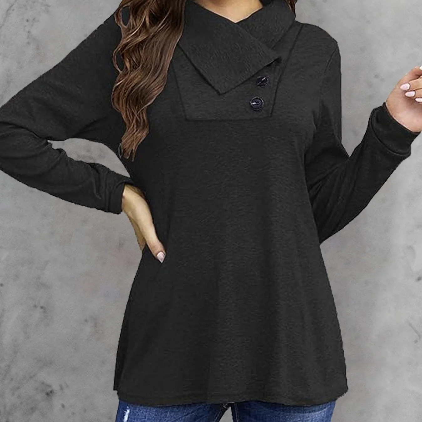 Women's Fashionable Long Sleeved Hood Collar Button Waist Top T-shirt - Image 2