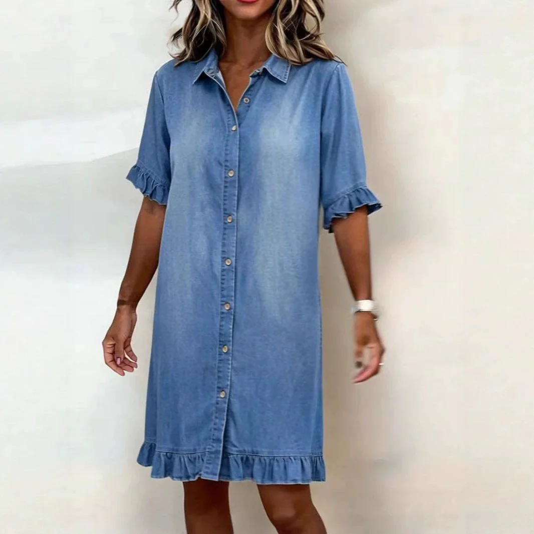Women's Faux Denim Ruffle-Sleeve Shirt Dress - Image 3