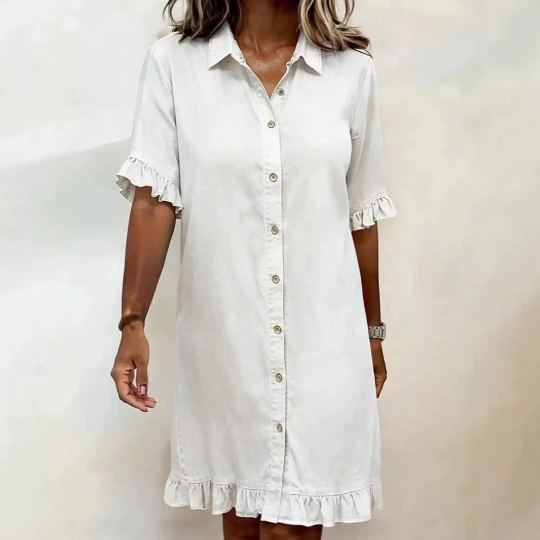 Women's Faux Denim Ruffle-Sleeve Shirt Dress - Image 4