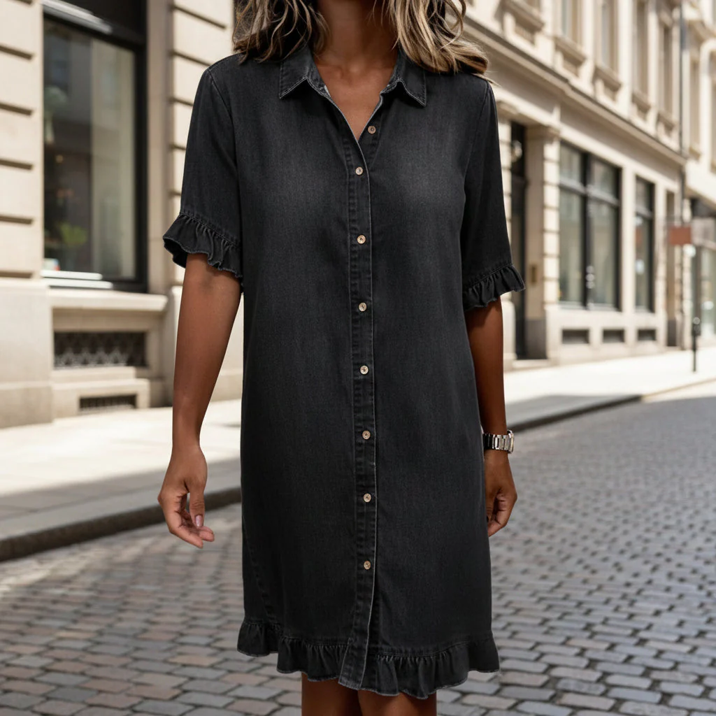 Women's Faux Denim Ruffle-Sleeve Shirt Dress - Image 5