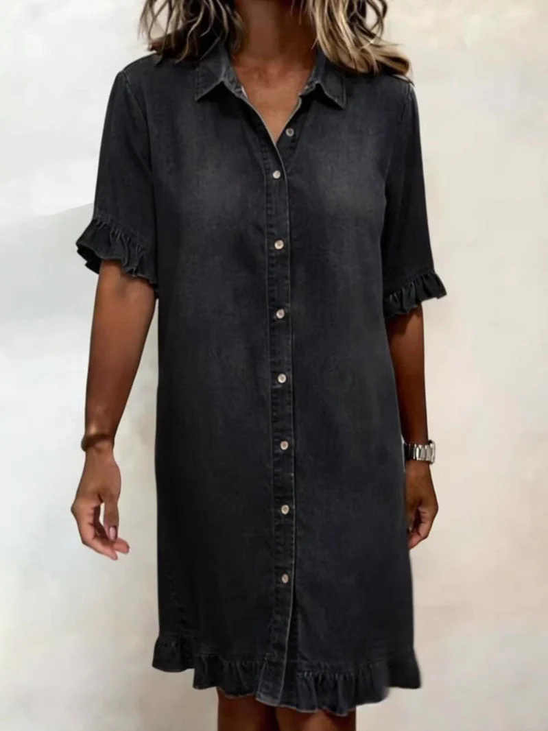 Women's Faux Denim Ruffle-Sleeve Shirt Dress - Image 6