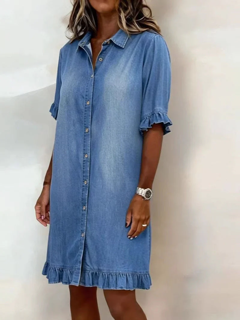 Women's Faux Denim Ruffle-Sleeve Shirt Dress - Image 7