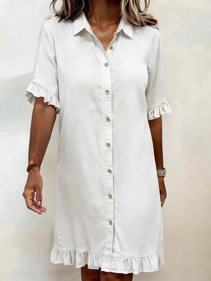 Women's Faux Denim Ruffle-Sleeve Shirt Dress - Image 8