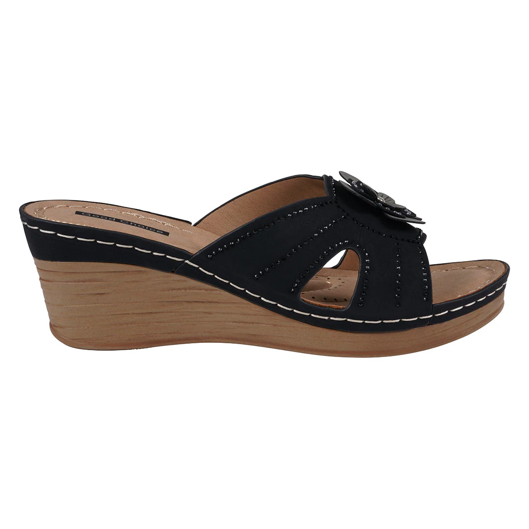 Women's Fiora Black Floral Wedge Sandals - Image 3