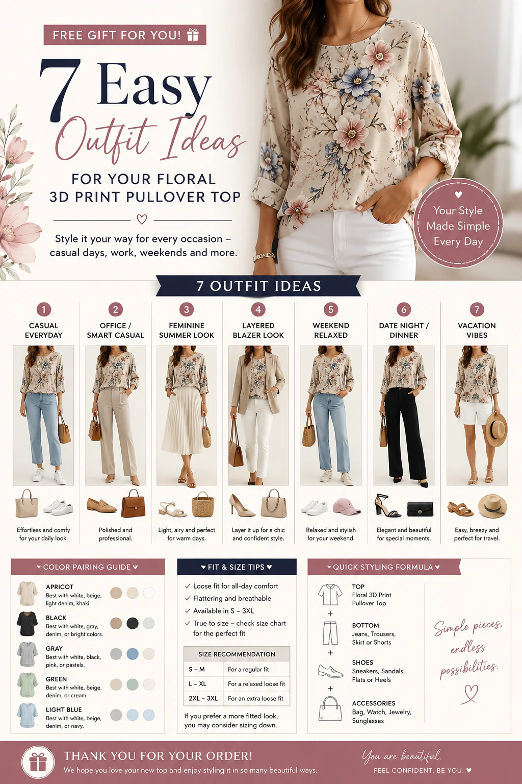 Women's Floral 3D Print Pullover Top – Loose Fit Elegant Casual S to 3XL - Image 10