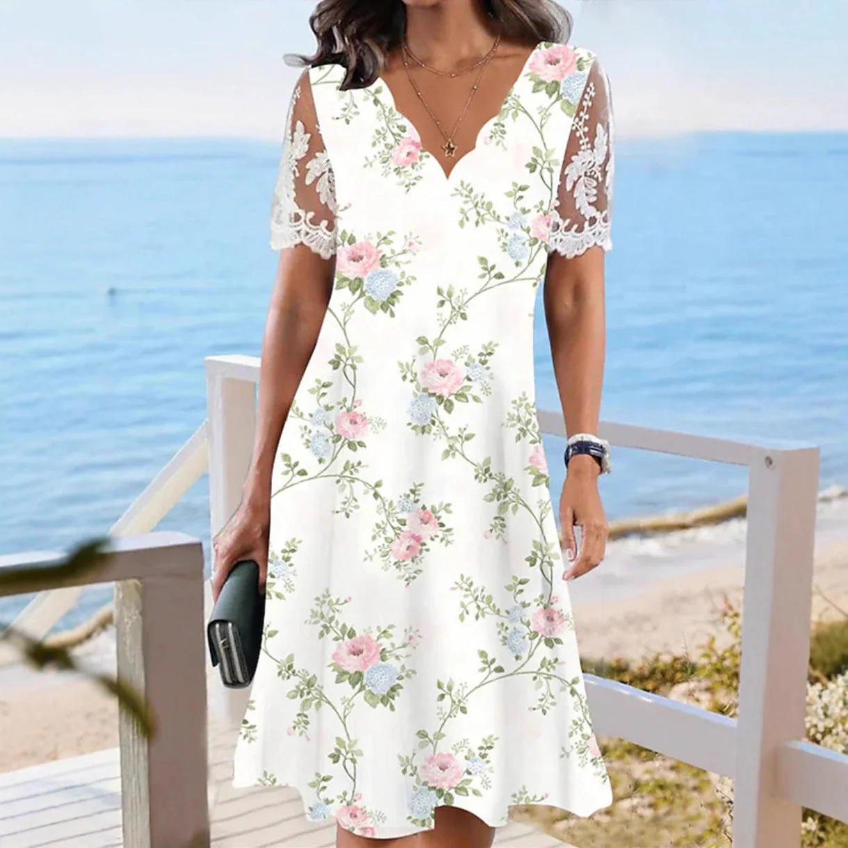 Women's Floral Lace Flounce Neckline High-Waist A-Line Midi Dress - Image 3