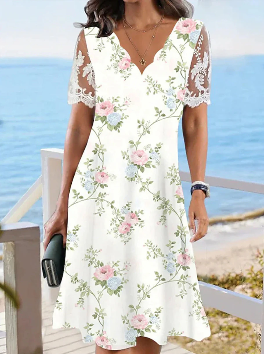 Women's Floral Lace Flounce Neckline High-Waist A-Line Midi Dress - Image 6