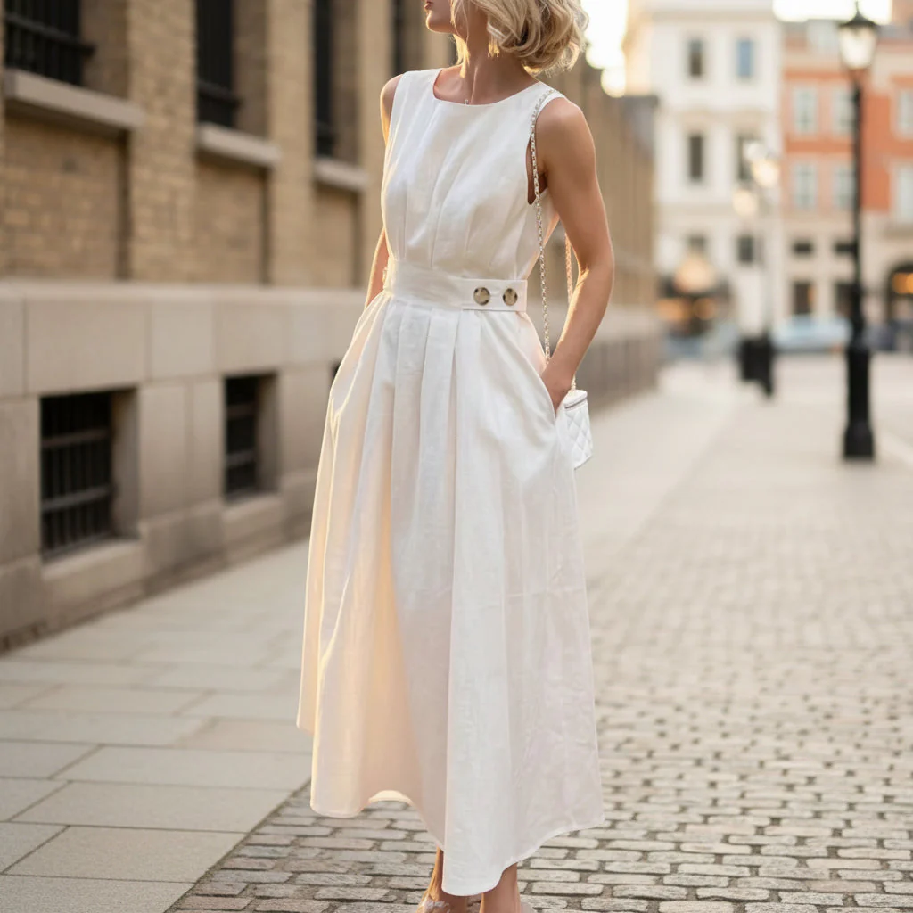 Women's French Minimalist Sleeveless Crew-Neck Midi Dress – White S–XXL - Image 3