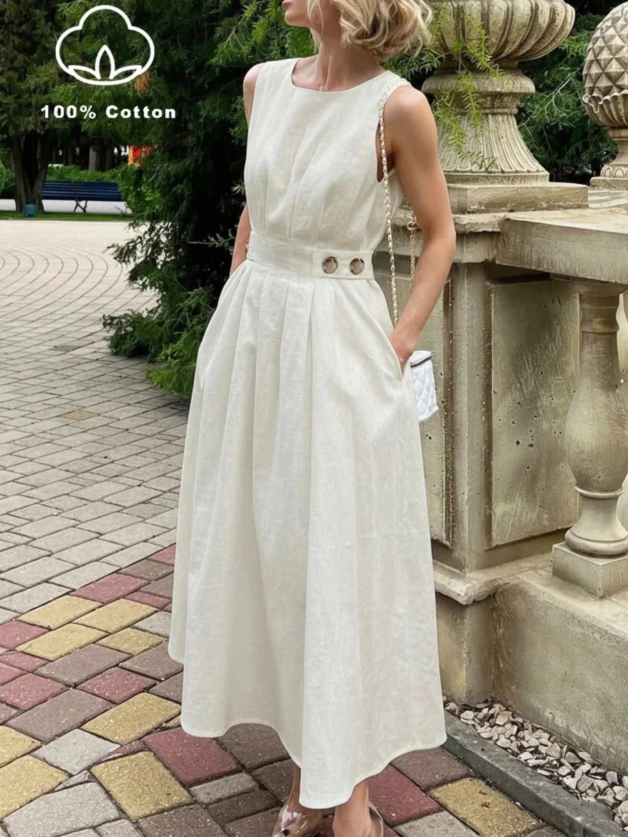 Women's French Minimalist Sleeveless Crew-Neck Midi Dress – White S–XXL - Image 6