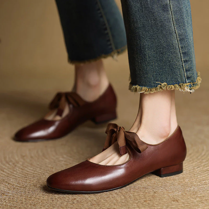 Women's French Vintage Genuine Leather Round Toe Chunky Heel Shoes - Image 5