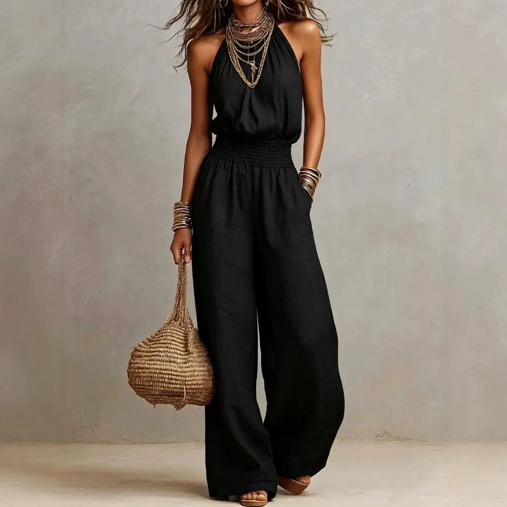 Women's Halter-Neck Backless Wide-Leg Jumpsuit – Solid Color Street Style - Image 3