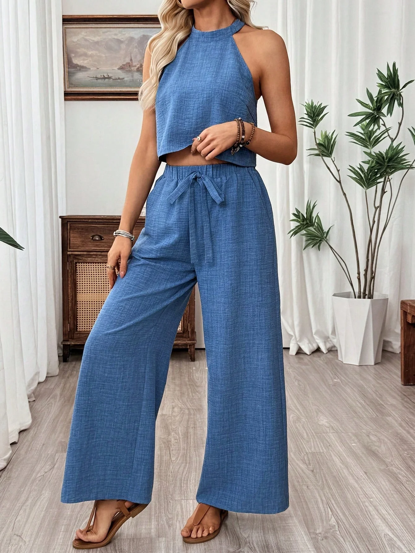 Women's Halter Neck Cropped Top & Wide-Leg Pants Two-Piece Set - Image 7