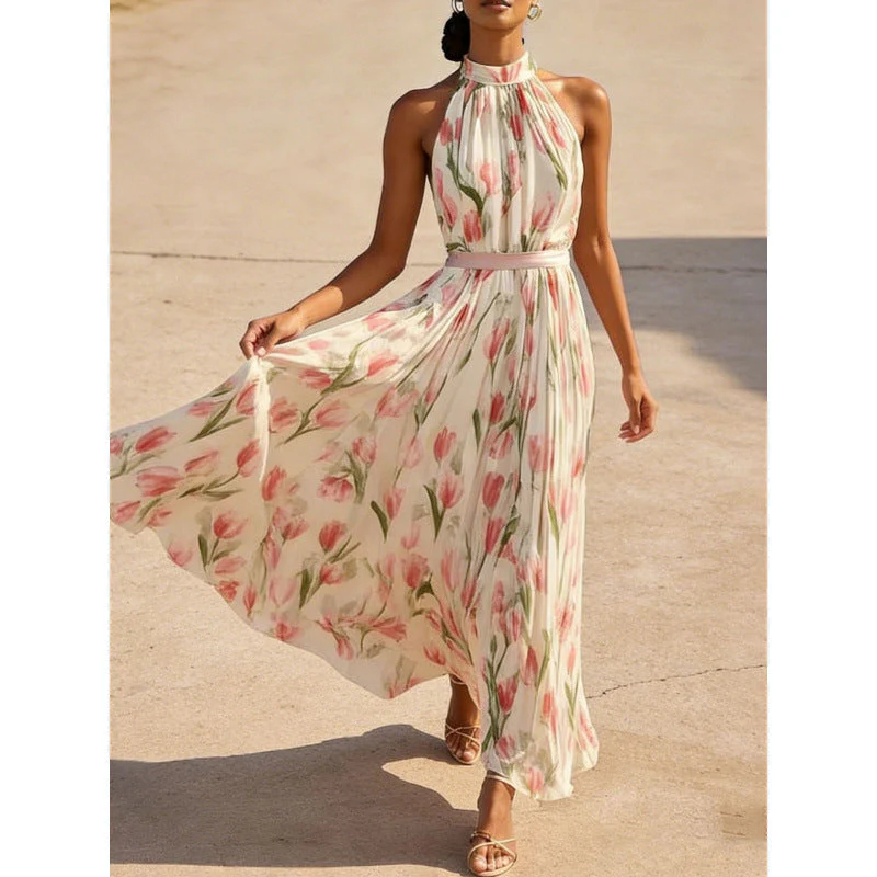 Women's Halterneck High-Waist Swing Dress – Floral & Solid Prints - Image 8