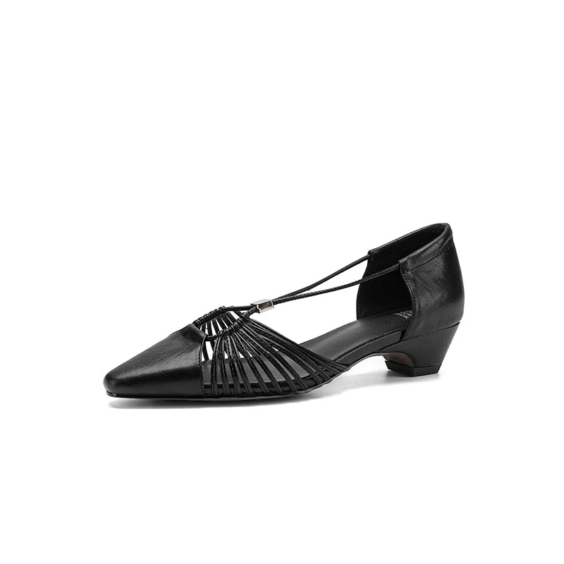 Women's Handmade Full-Grain Leather Strappy Low-Heel Sandals, Pointed-Toe Mary Jane Cutout Flats - Image 5